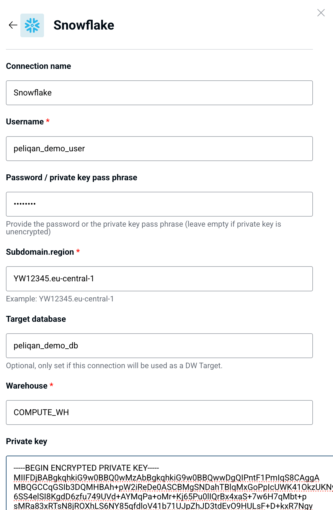 Snowflake connection form showing key-pair authentication