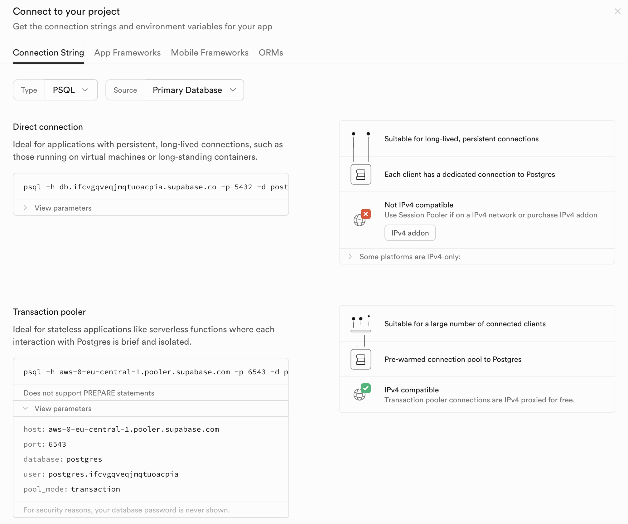 Supabase transaction pooler connection details