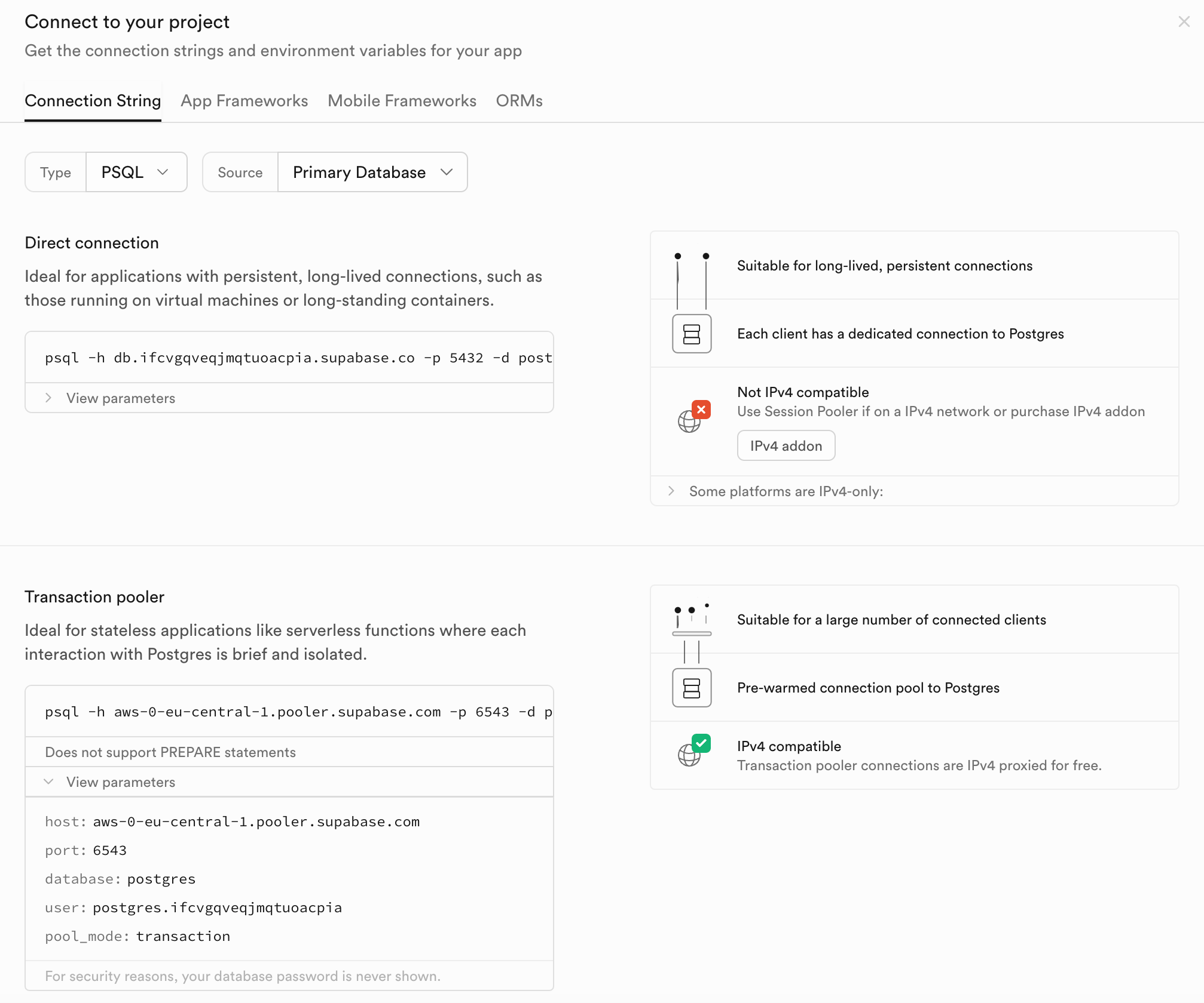 Supabase transaction pooler connection details