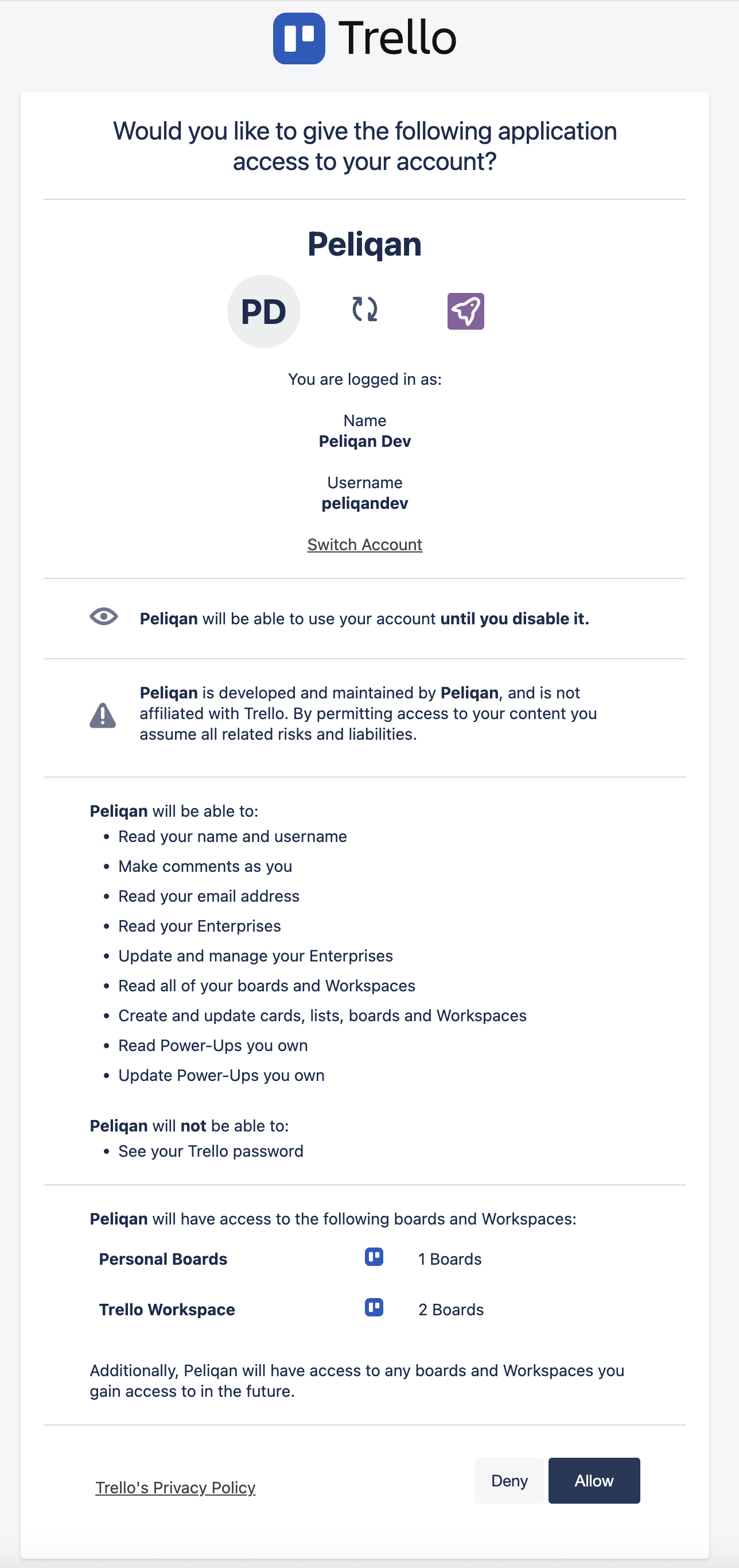 Trello access authorization screen