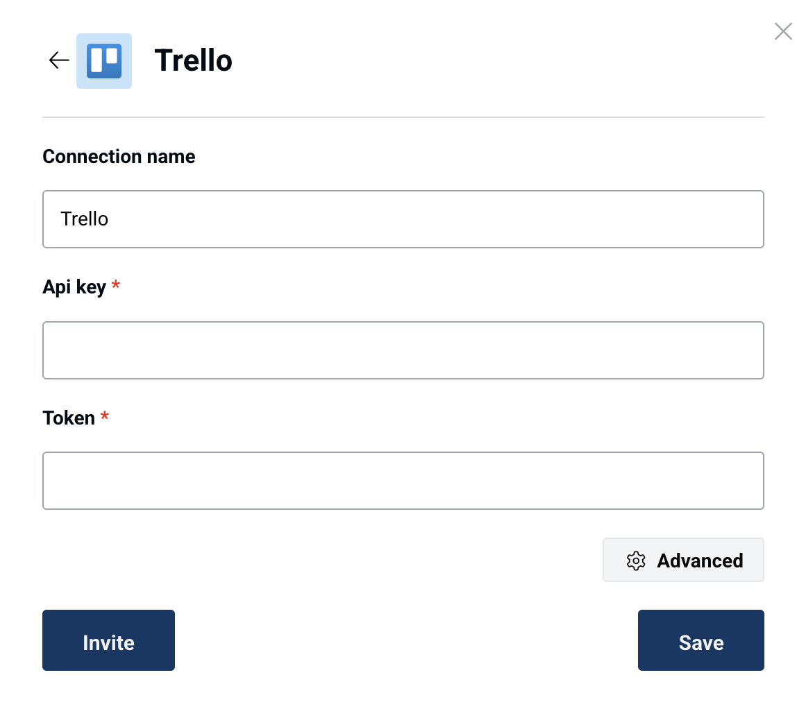 Trello connection form in Peliqan