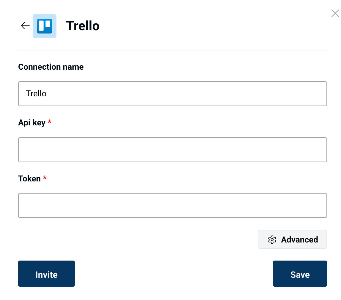 Trello connection form in Peliqan