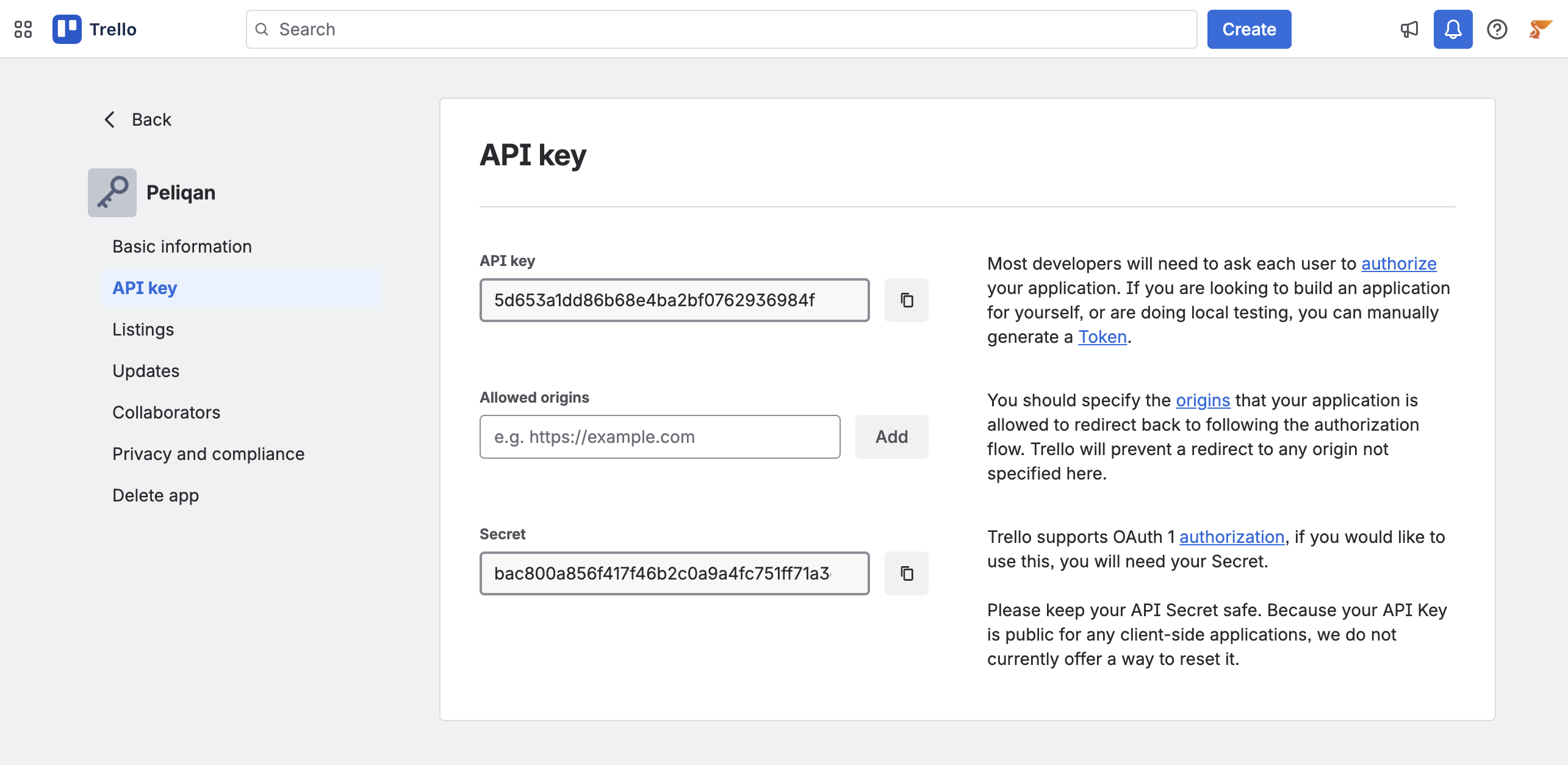 Trello app showing Generate new API key button