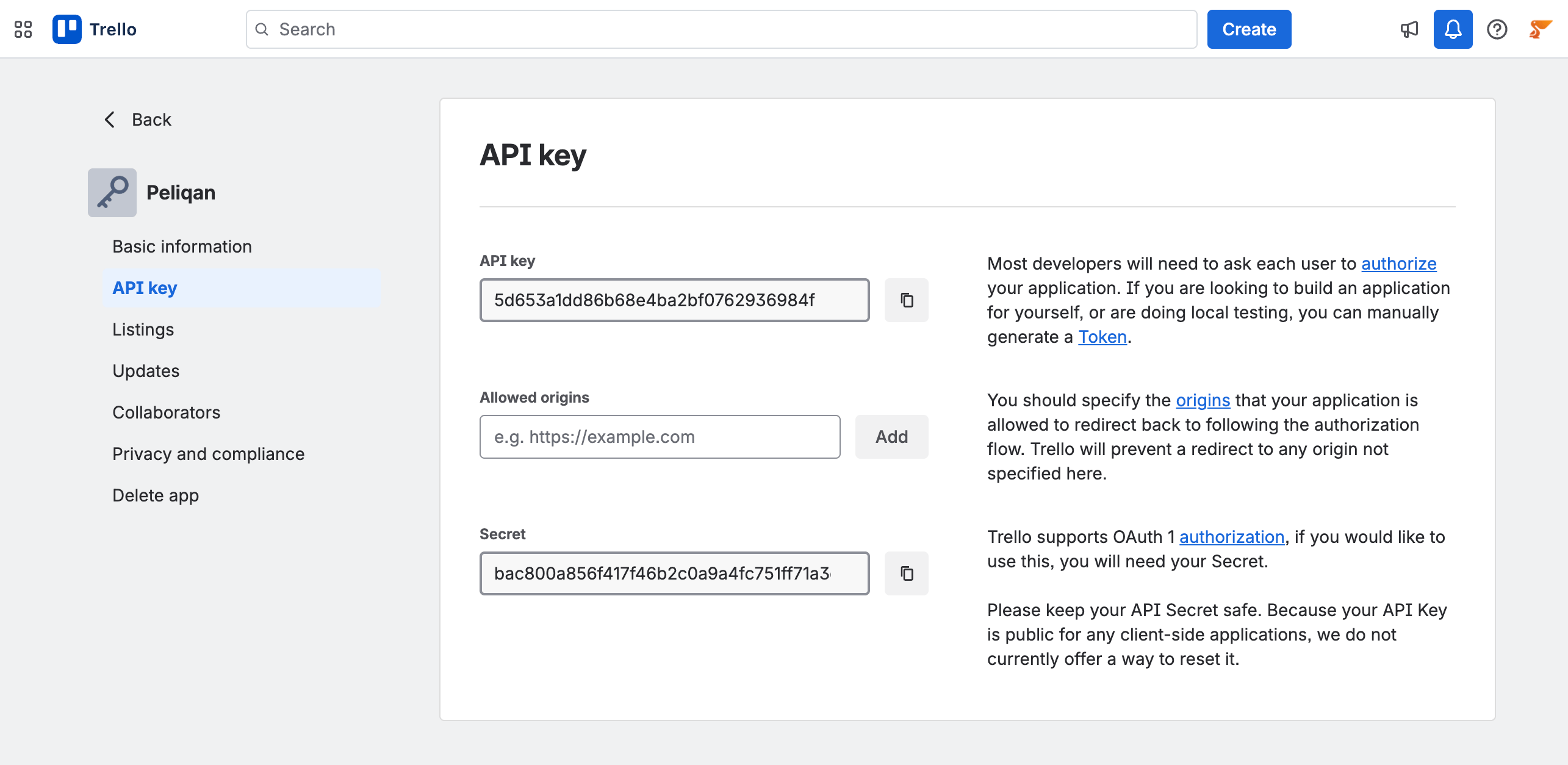 Trello app showing Generate new API key button