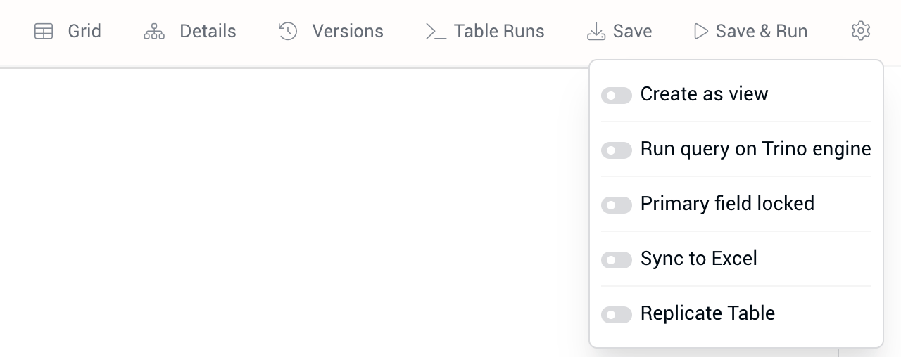 Replicate table menu option