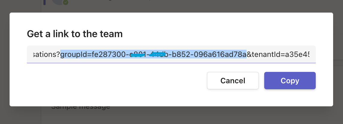 Team URL popup showing groupId parameter