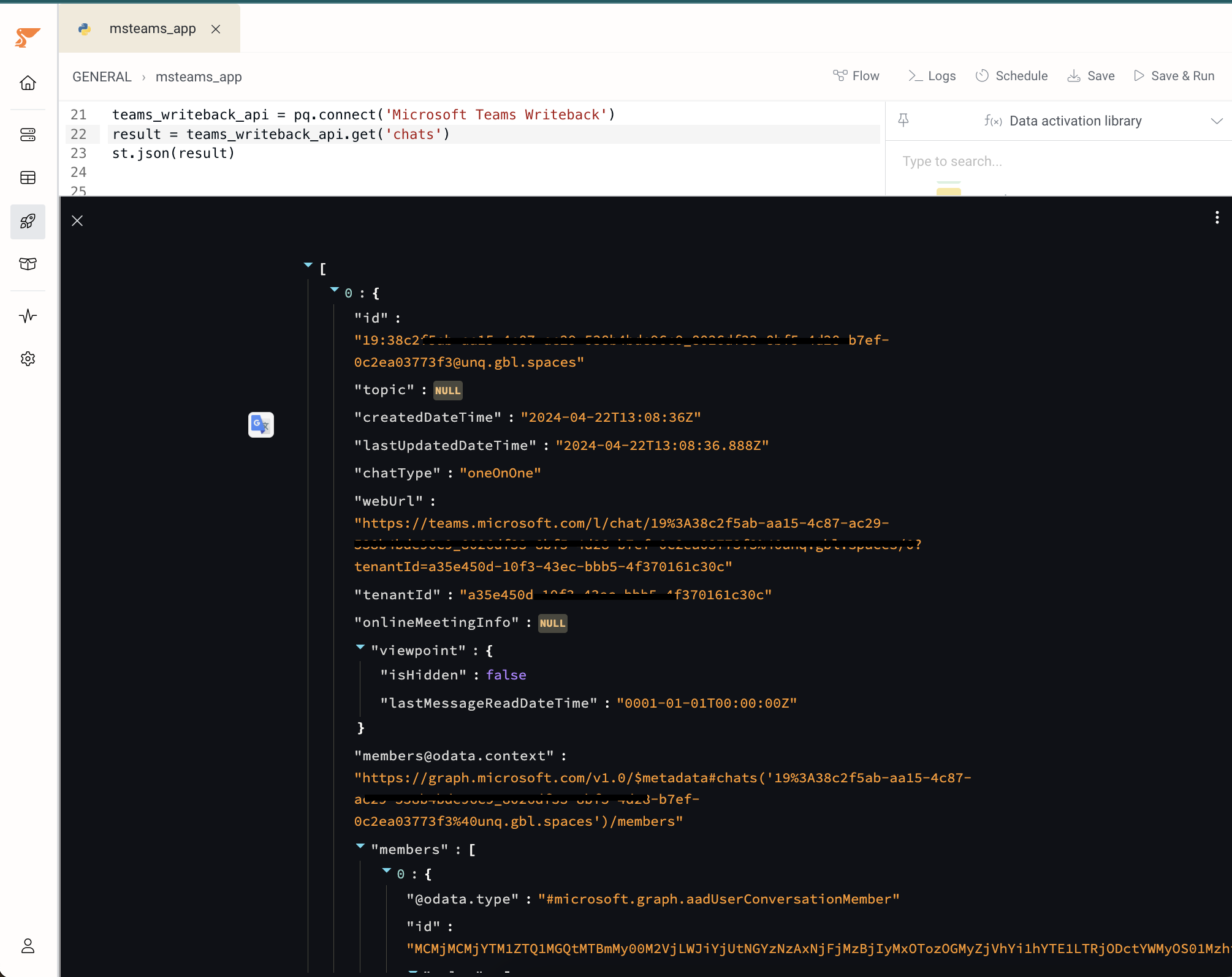Get Chats function result in Peliqan