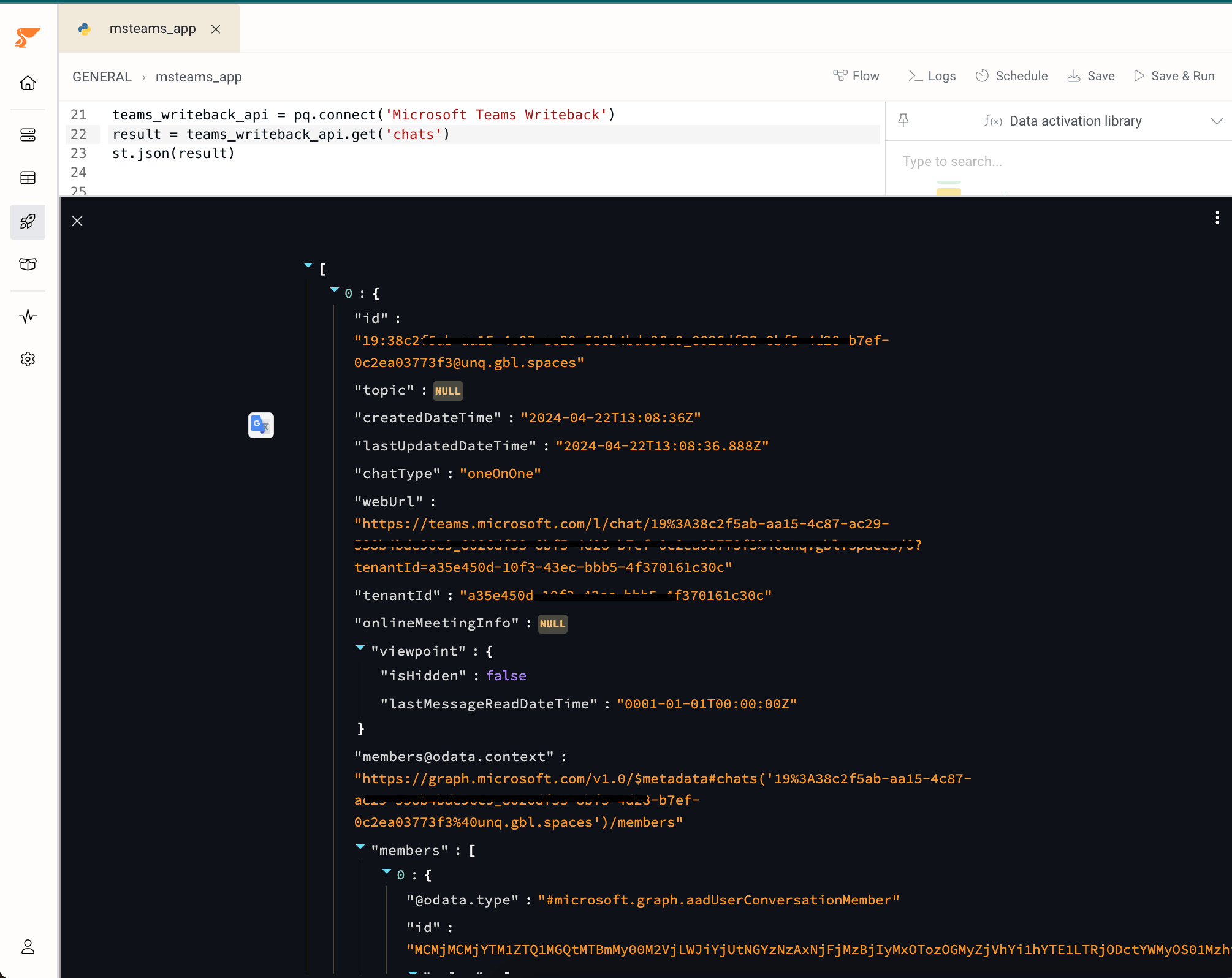 Get Chats function result in Peliqan