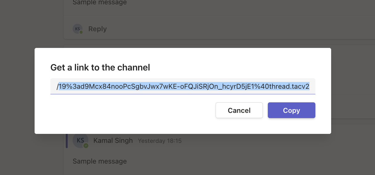 Channel URL popup showing channel ID parameter