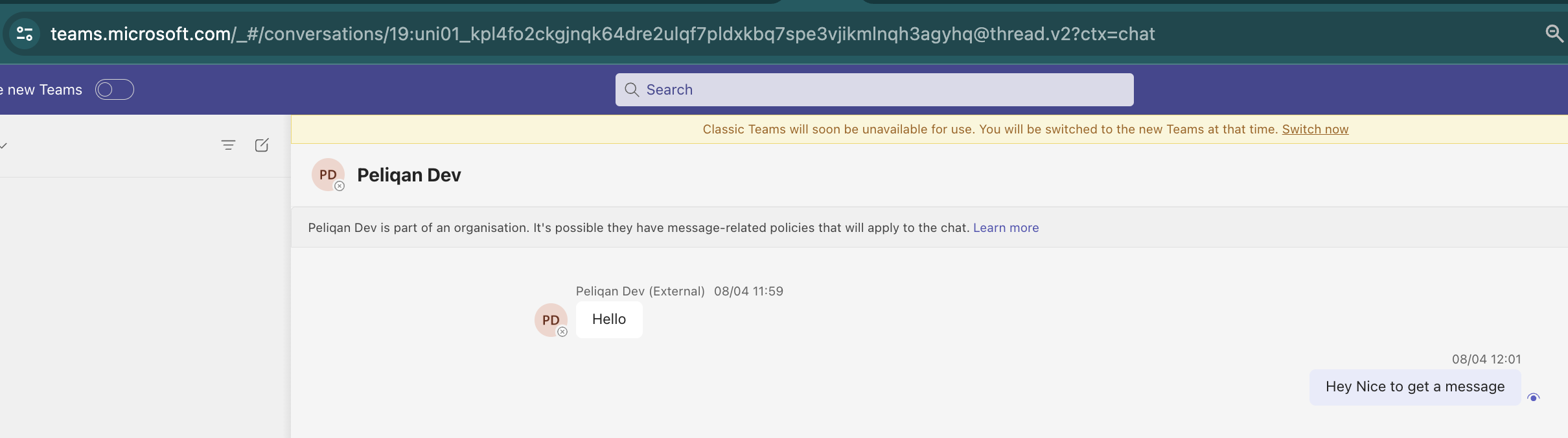 Teams web URL showing chat ID after conversations