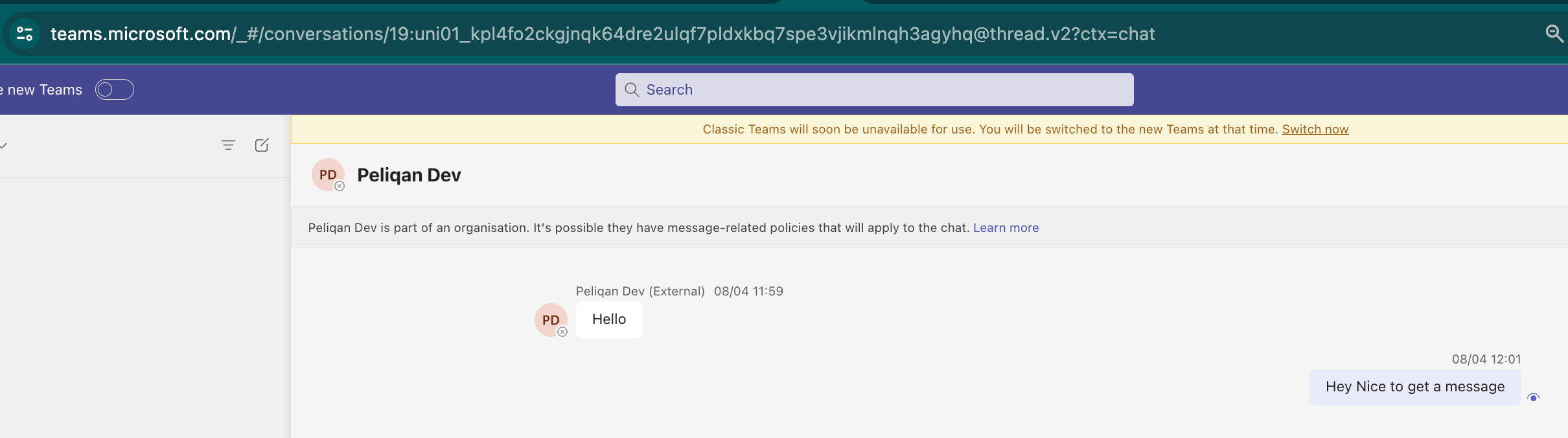 Teams web URL showing chat ID after conversations