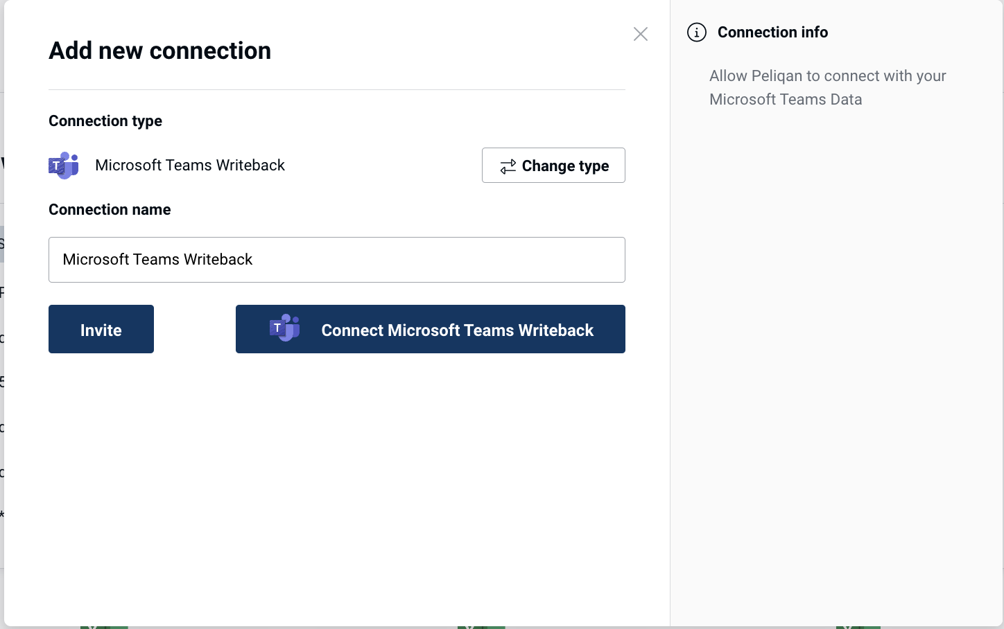 Microsoft Teams connection screen in Peliqan