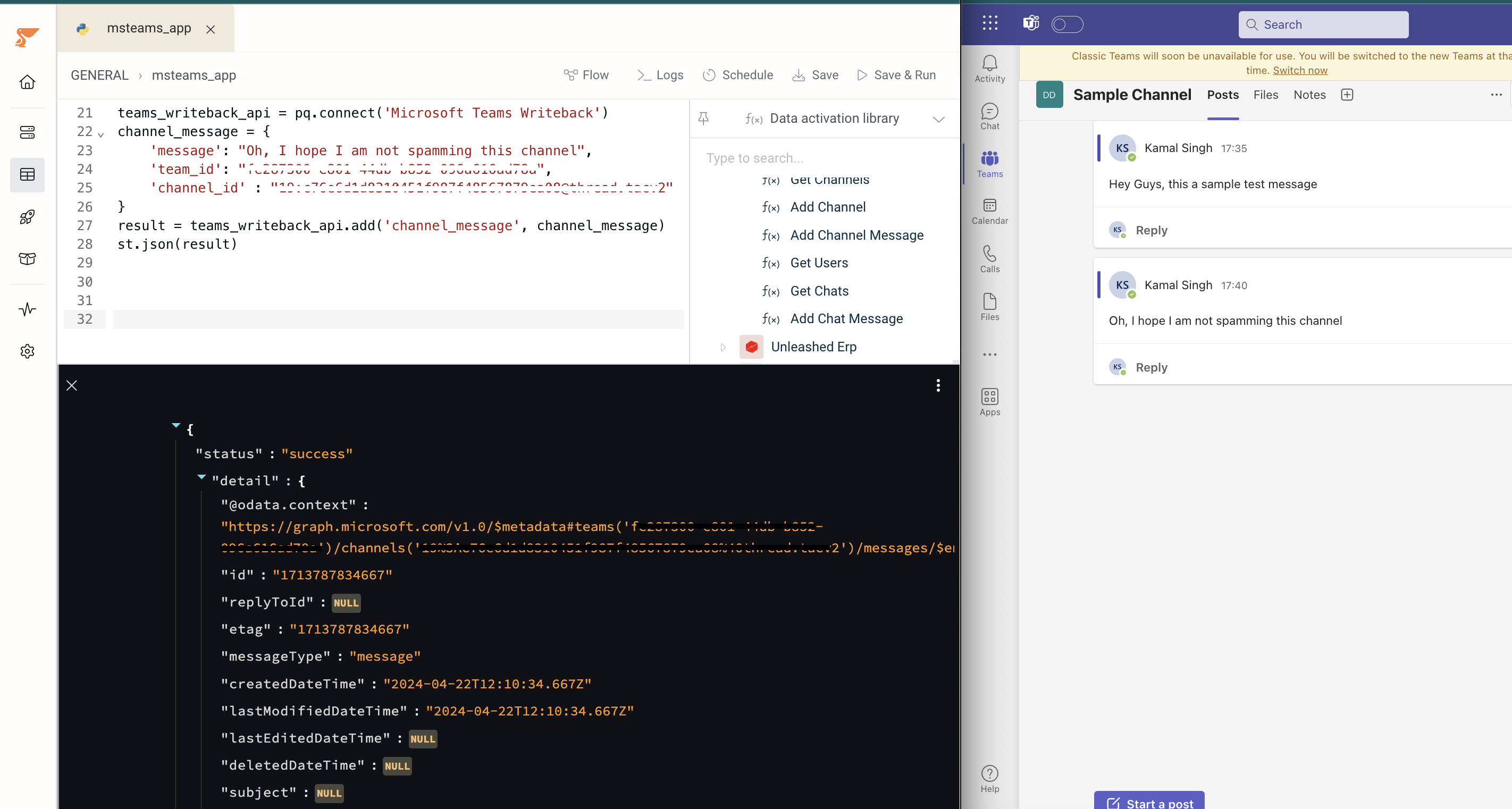 Sent message showing in Teams channel