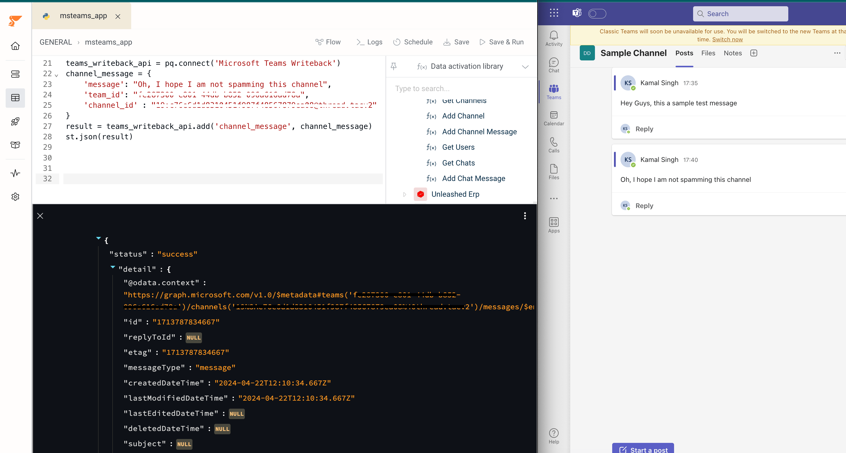 Sent message showing in Teams channel