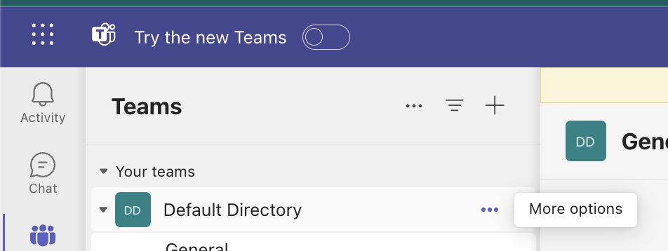 Microsoft Teams menu with three dots next to team name