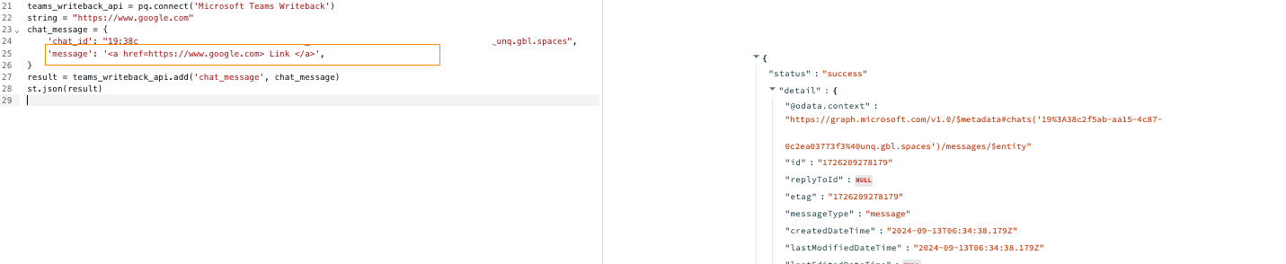 Hyperlink message configuration example