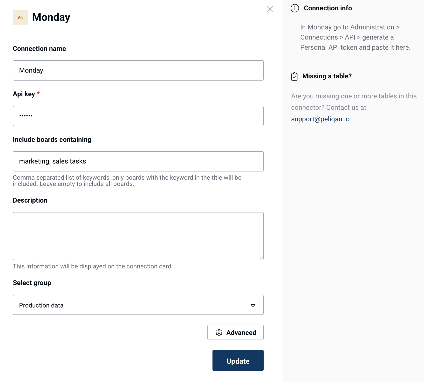 Monday connection form in Peliqan