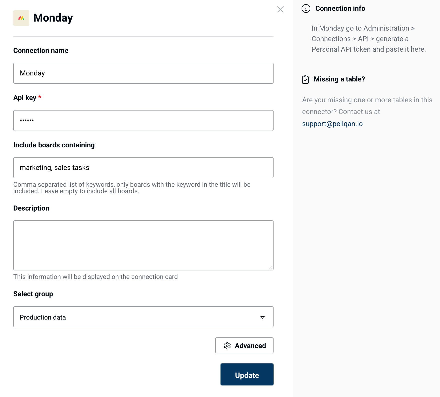 Monday connection form in Peliqan