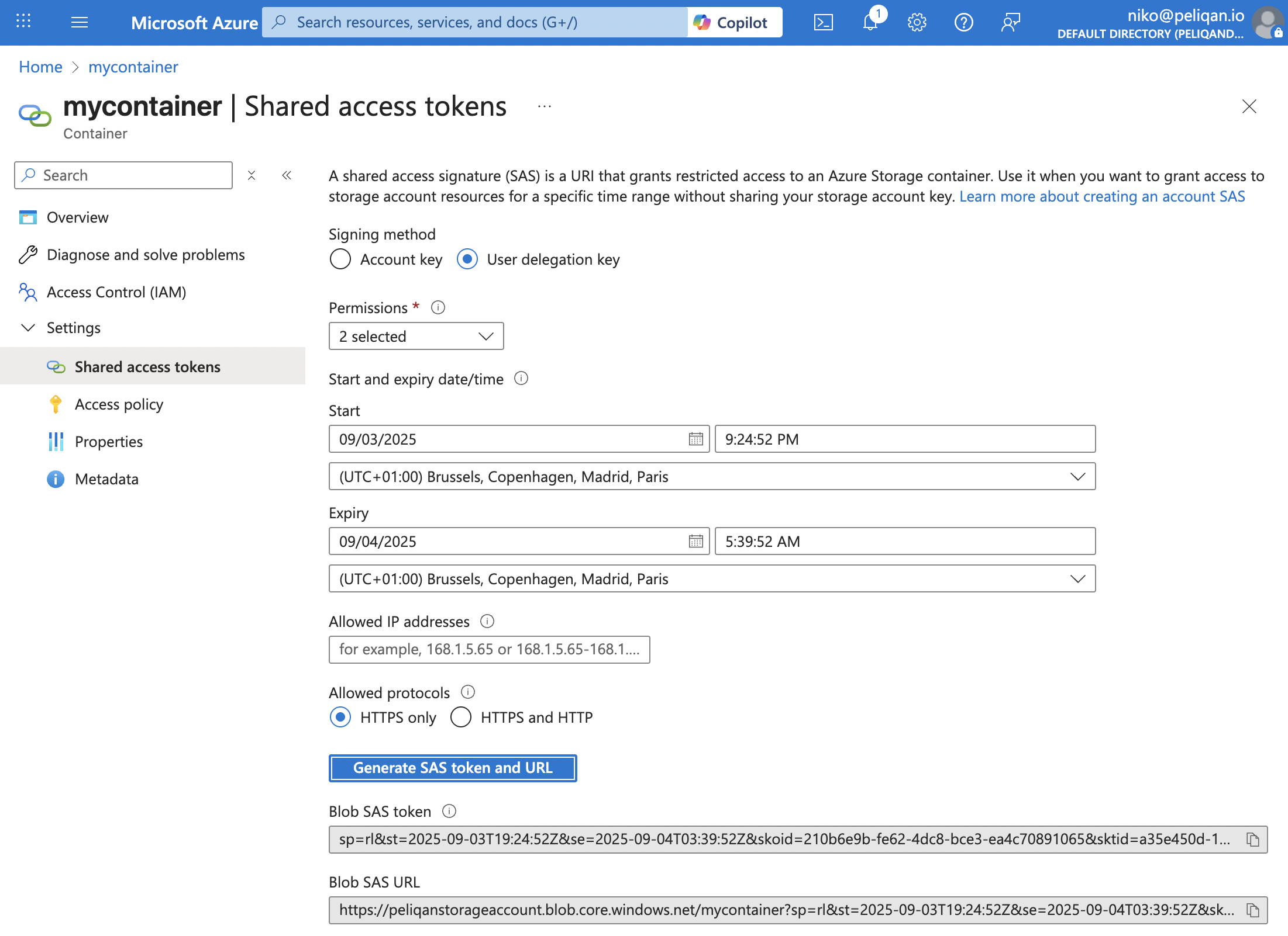 Azure Blob Storage SAS token settings