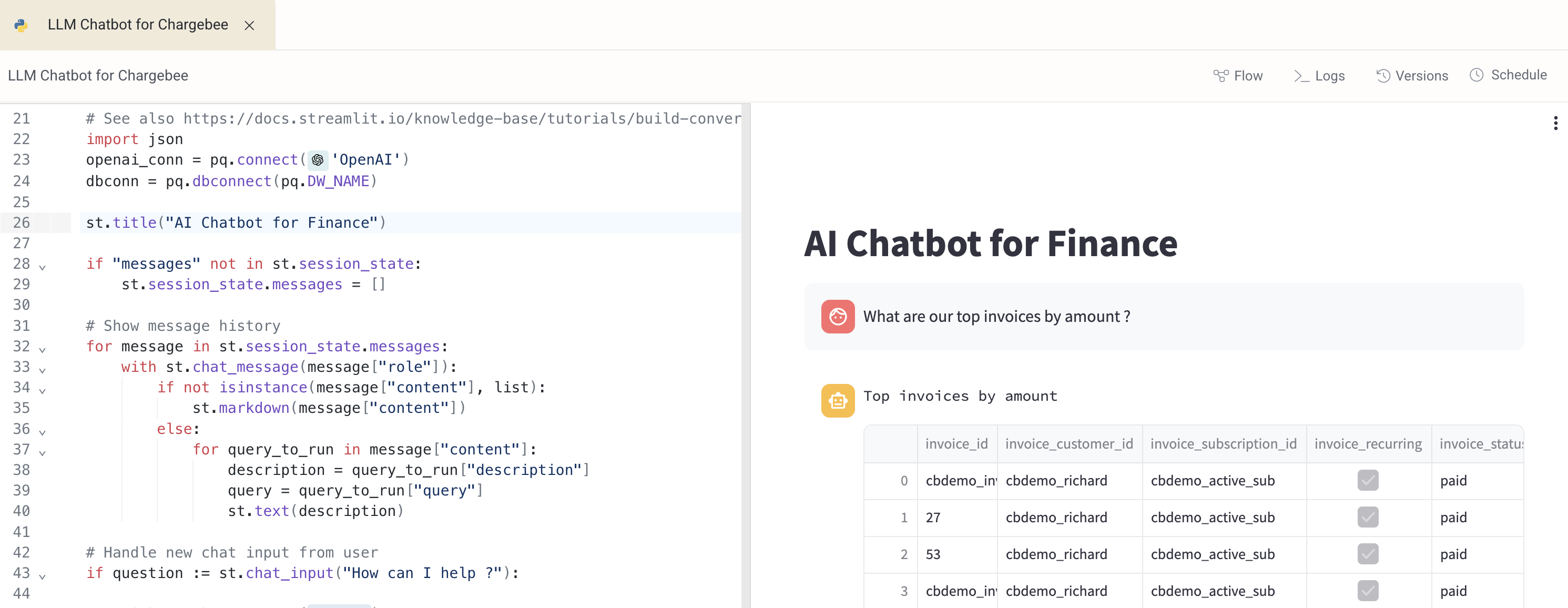 Chatbot with Text-to-SQL UI screenshot