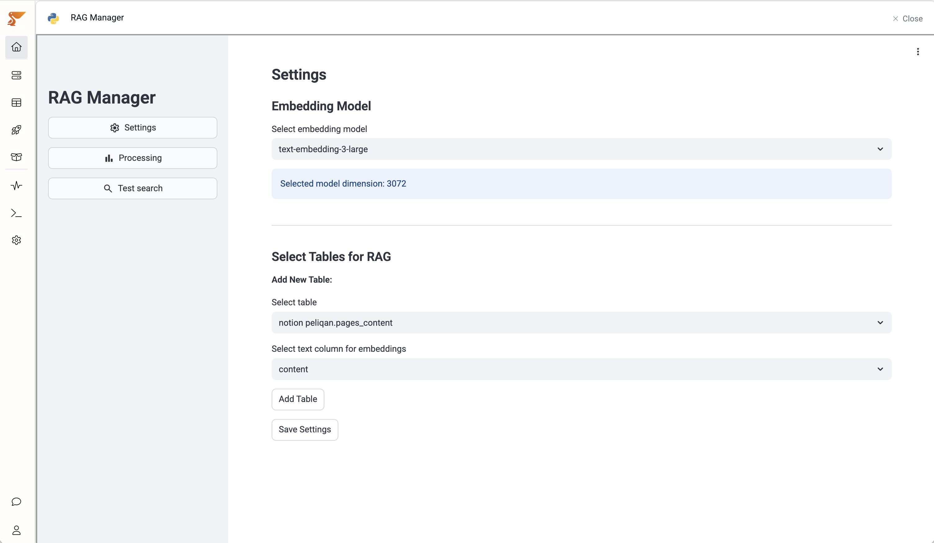 RAG Manager settings showing source tables