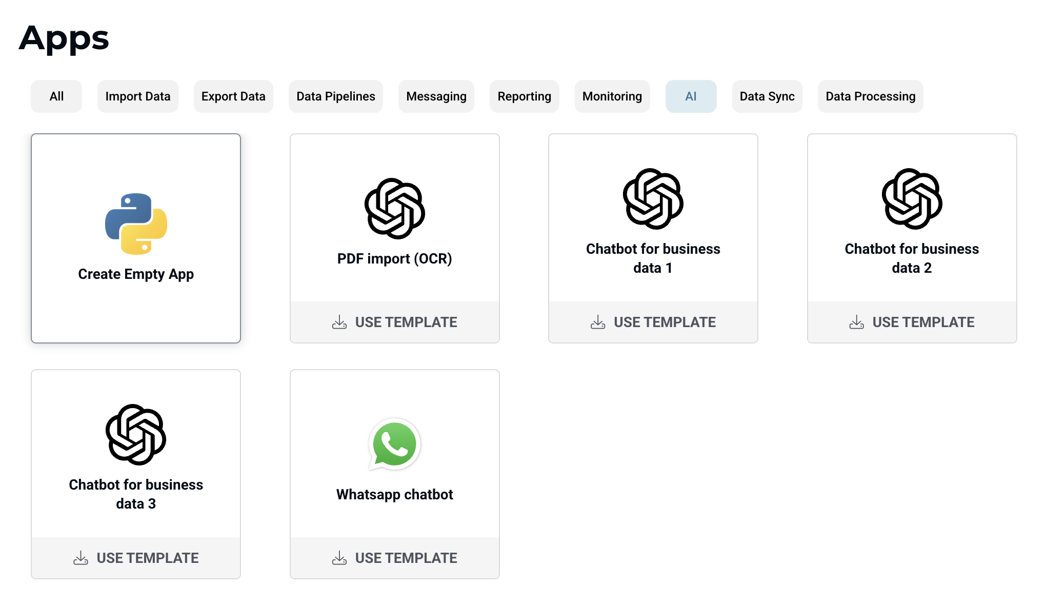AI Chatbot templates gallery in Peliqan