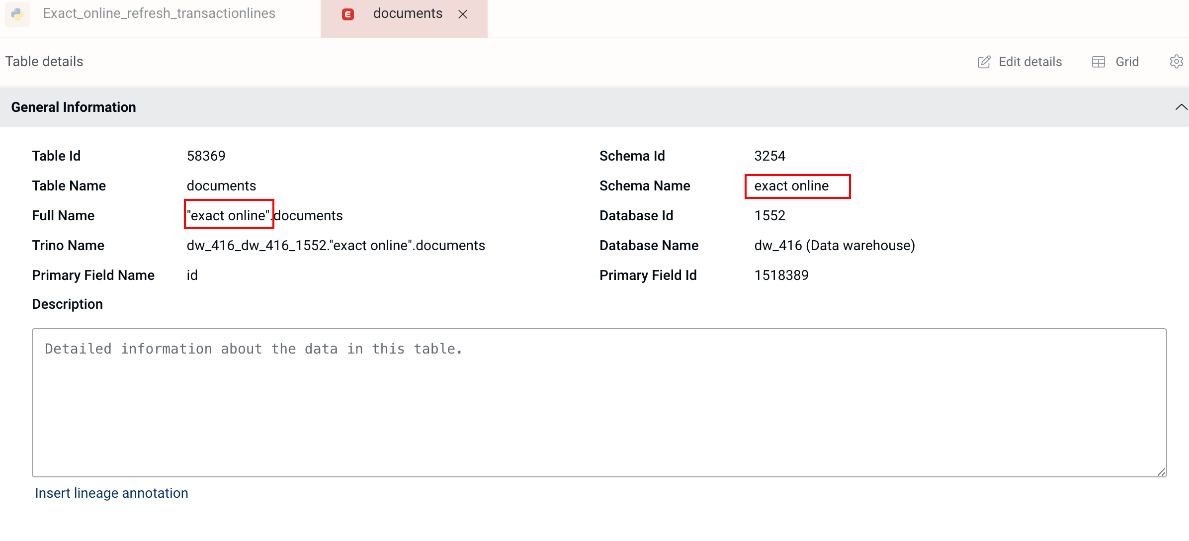 Connection name displayed in table details