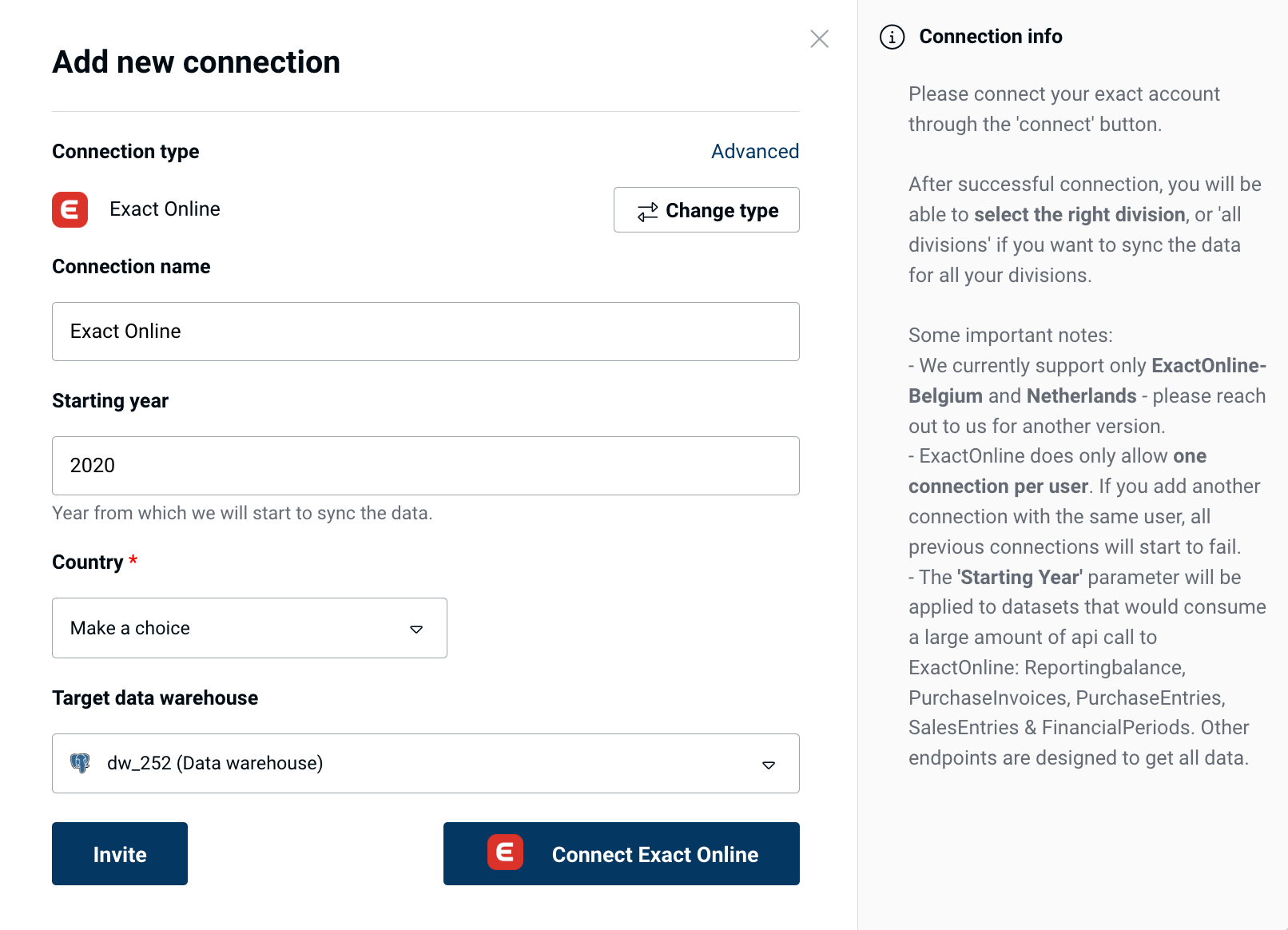 Exact Online connection form