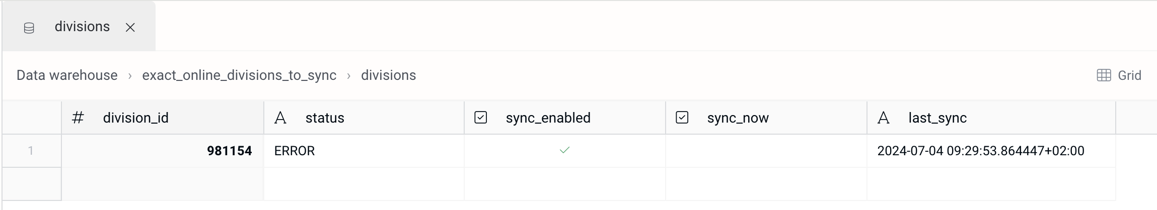 Exact Online division sync table
