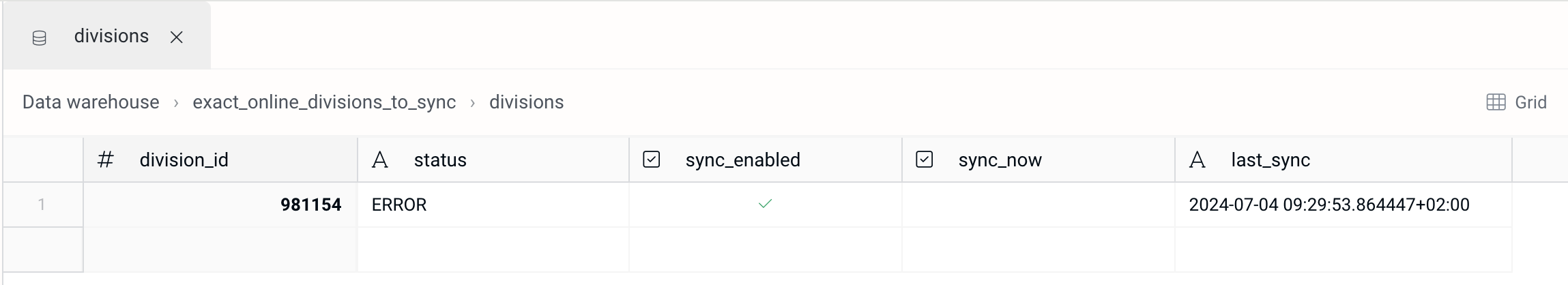 Exact Online division sync table