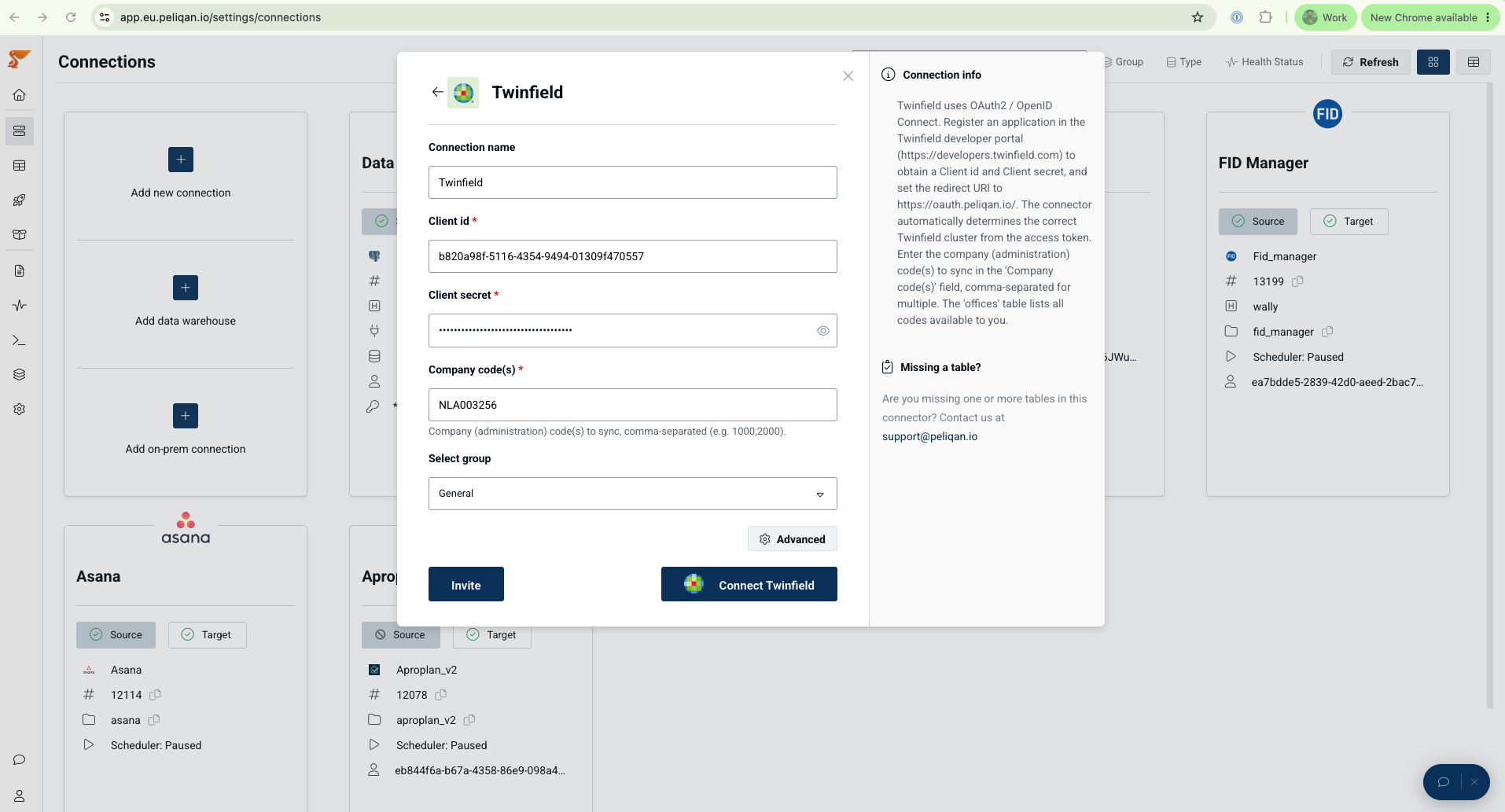 Twinfield connection form in Peliqan