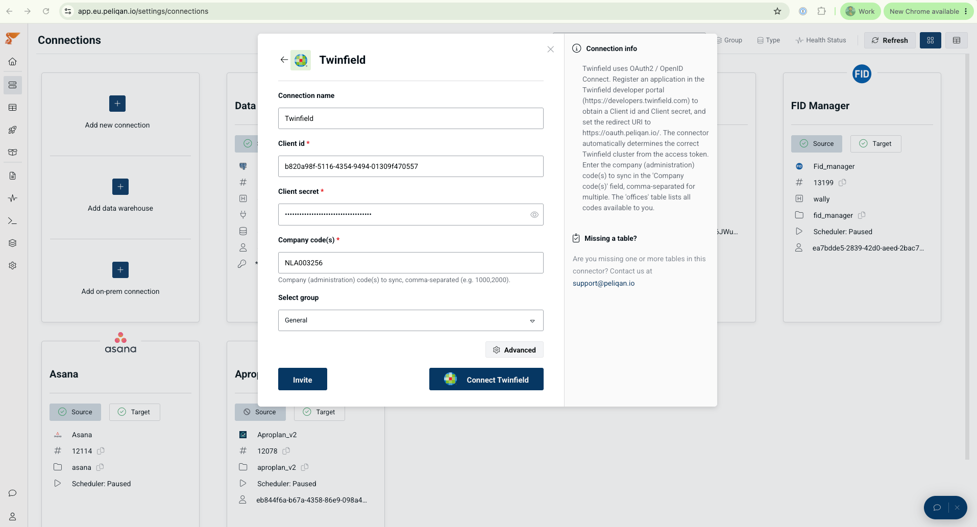 Twinfield connection form in Peliqan