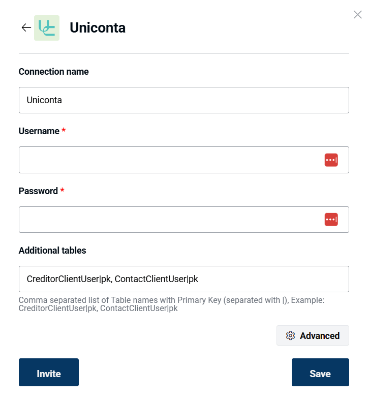 Uniconta connection form showing Additional Tables field