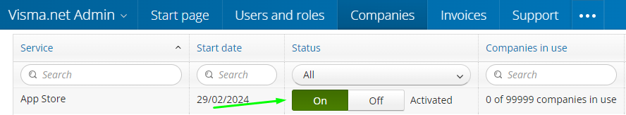 Visma Net App Store activation toggle