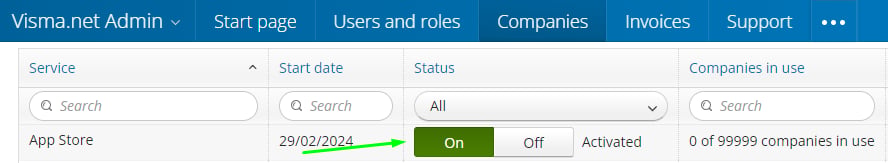Visma Net App Store activation toggle