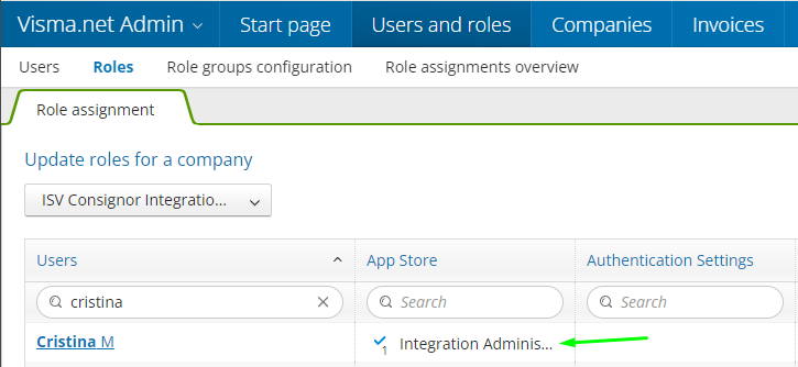 Visma Net Integration Administrator user role assignment