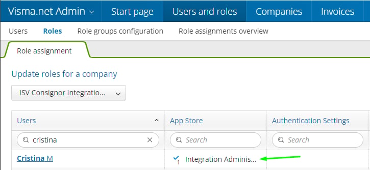 Visma Net Integration Administrator user role assignment