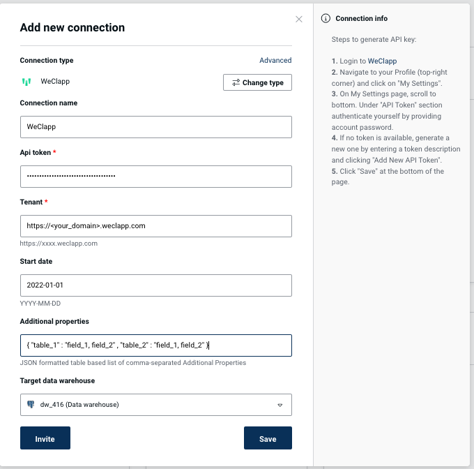 Weclapp connection form in Peliqan