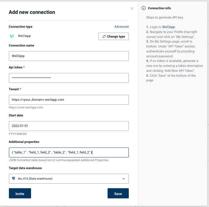 Weclapp connection form in Peliqan