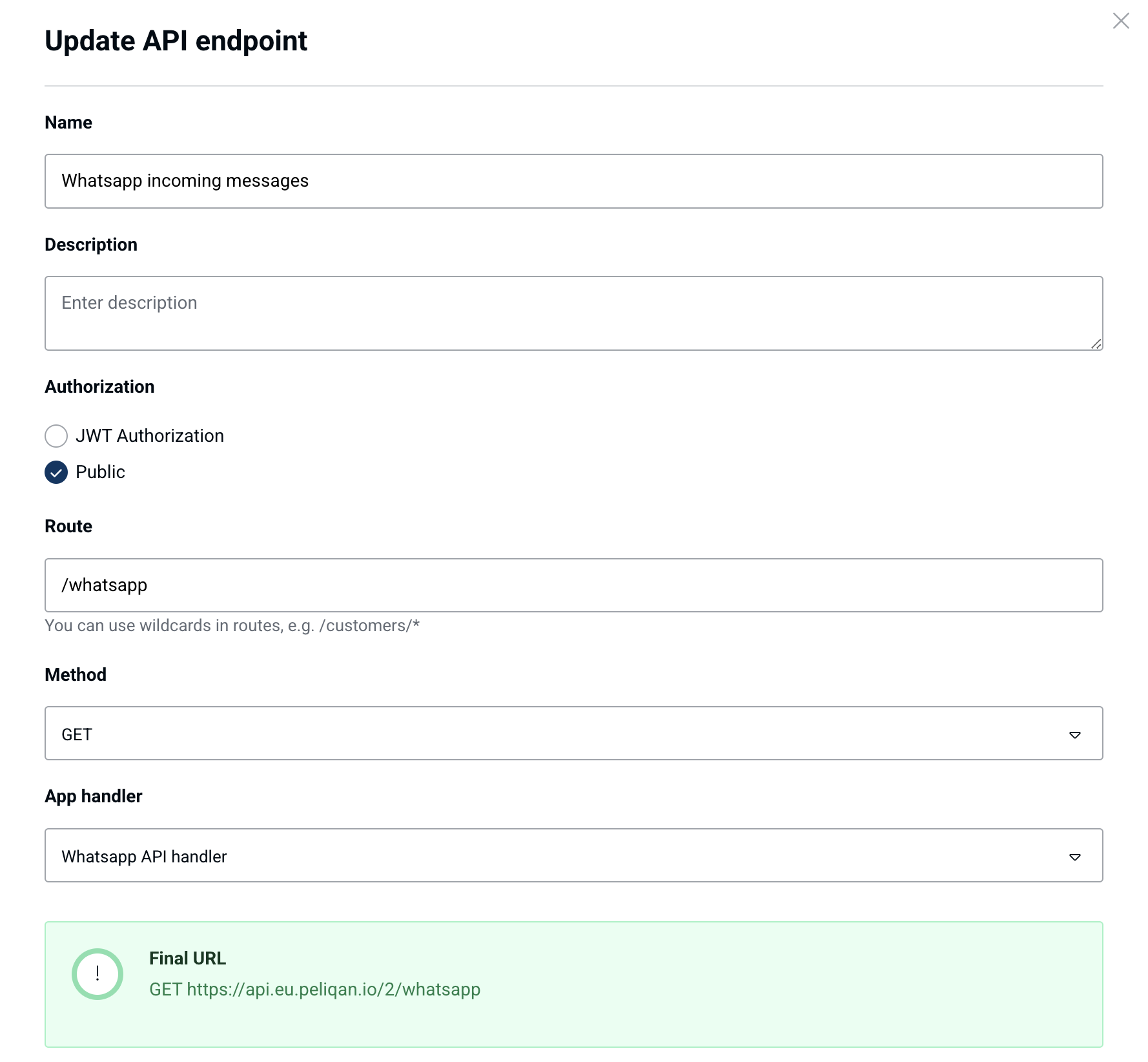 Peliqan API endpoint configuration for Whatsapp