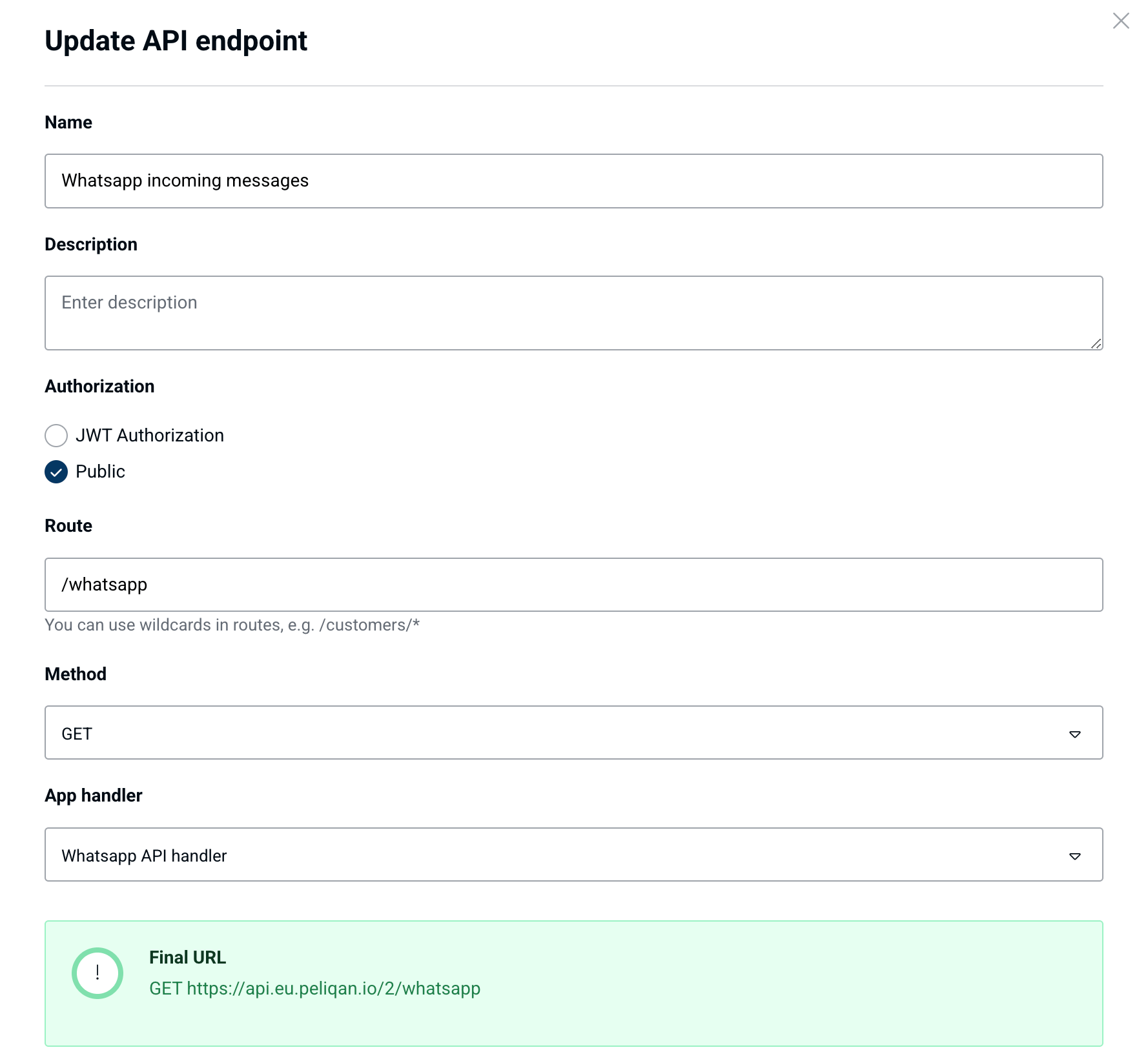 Peliqan API endpoint configuration for Whatsapp