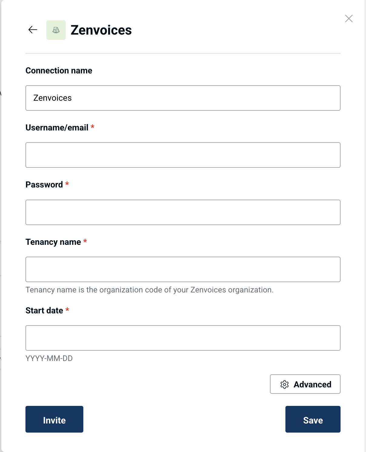 Zenvoices connection configuration in Peliqan