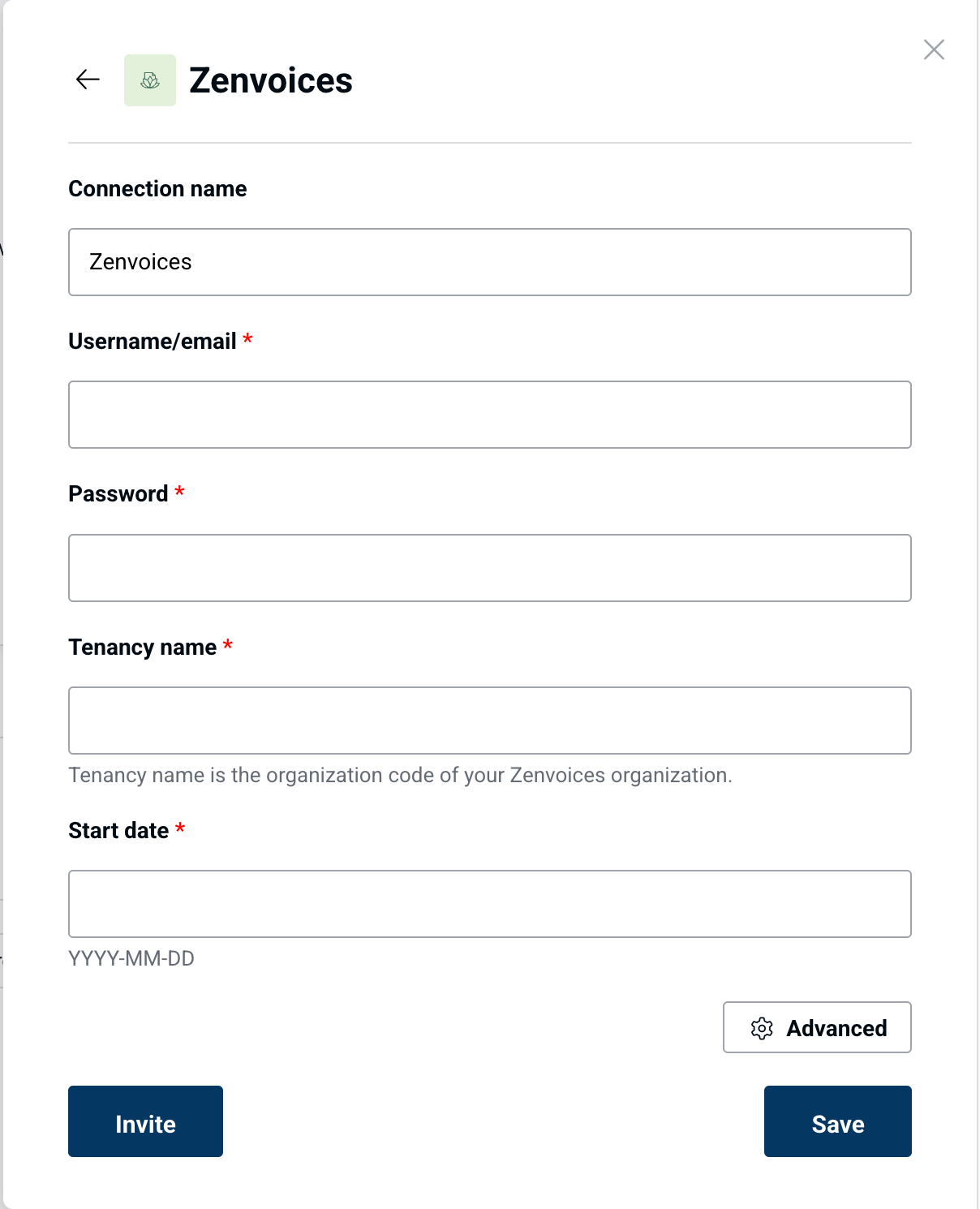 Zenvoices connection configuration in Peliqan