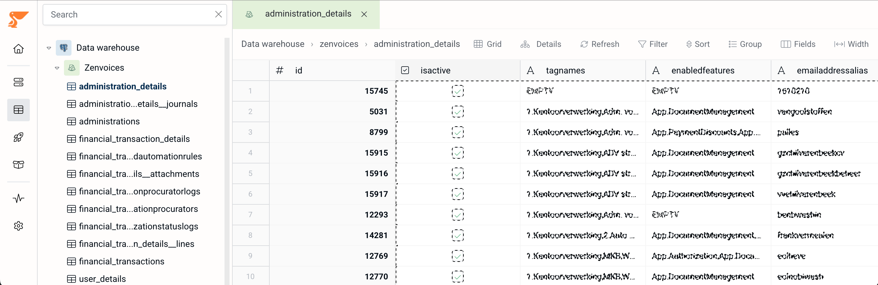 Zenvoices data in Peliqan gridview
