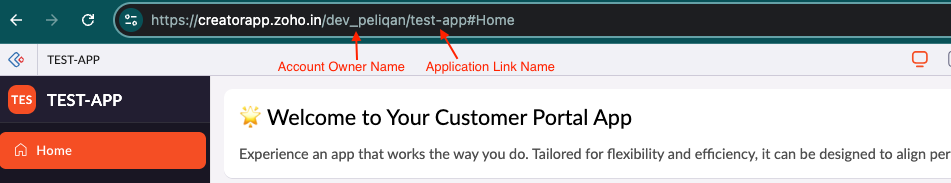 Zoho Creator URL showing account owner name and application link name