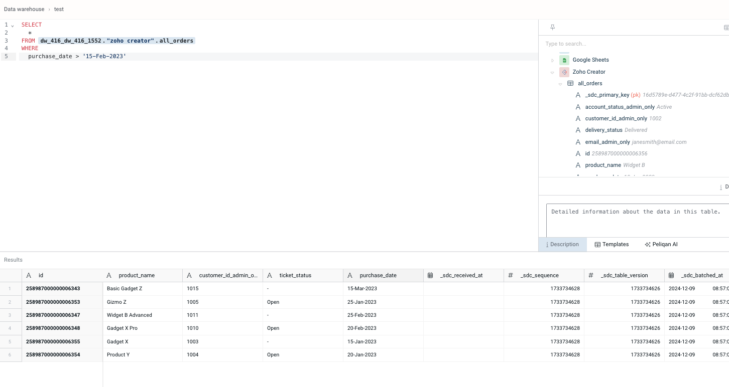 Peliqan SQL query on Zoho Creator data