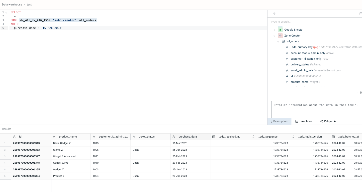 Peliqan SQL query on Zoho Creator data