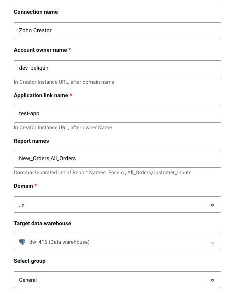 Zoho Creator report link name input in Peliqan