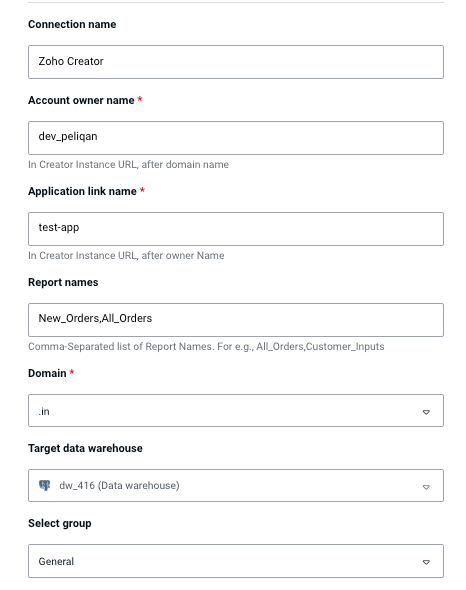 Zoho Creator report link name input in Peliqan