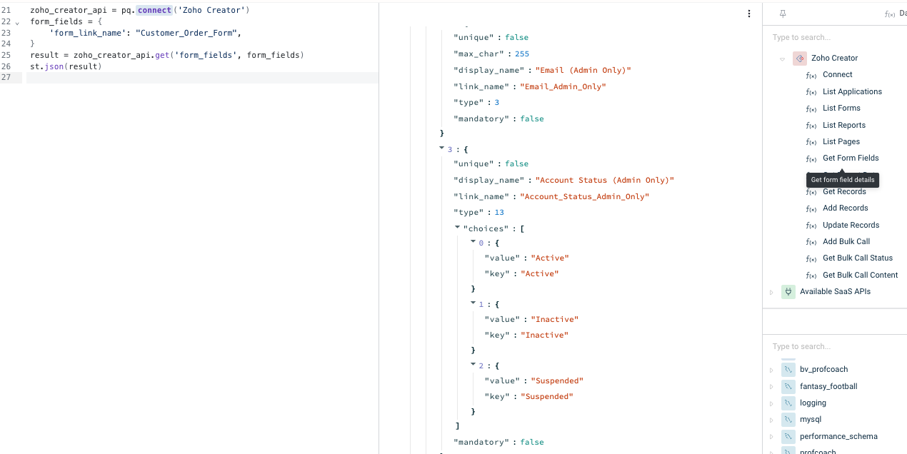 Zoho Creator "Get Form Fields" function in Peliqan